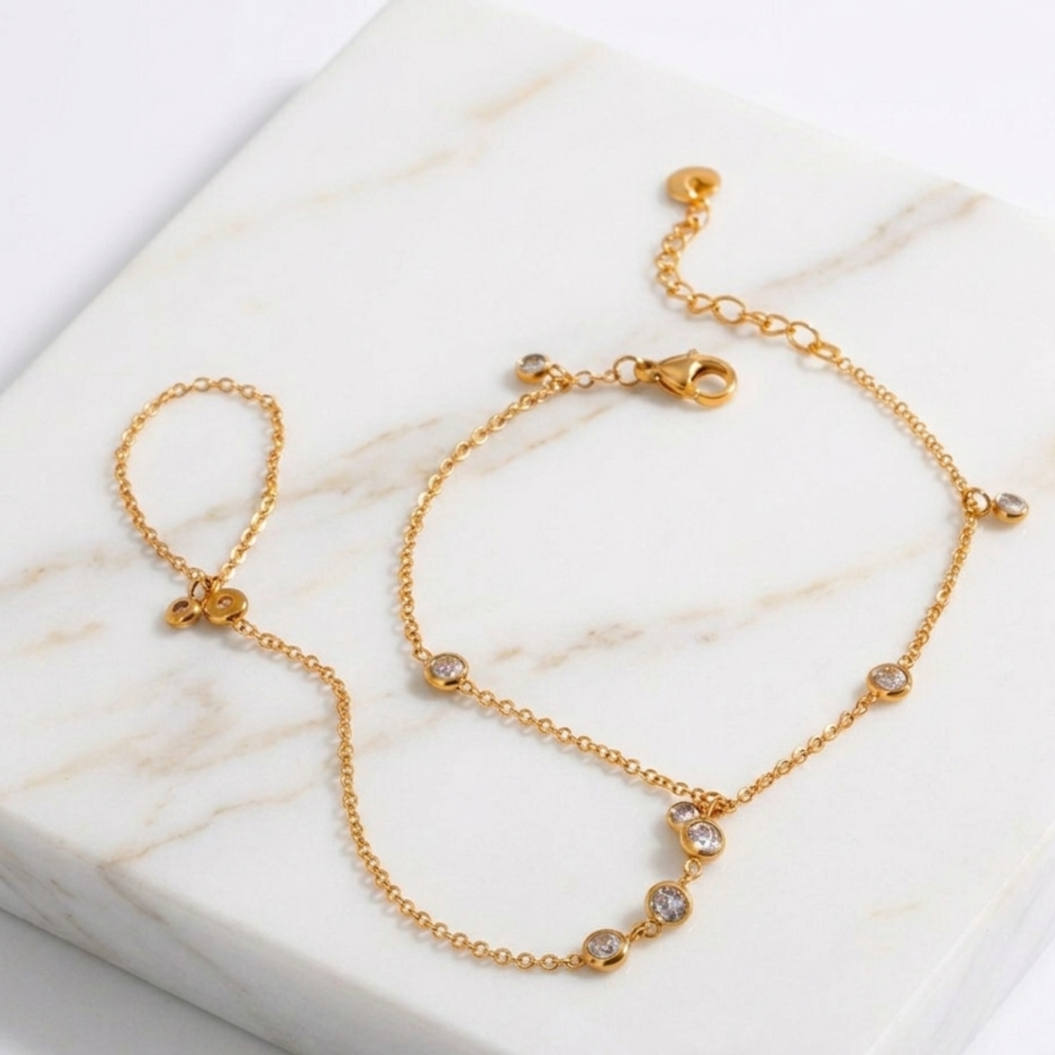 Starlight Cascade Finger Ring Chain Bracelet